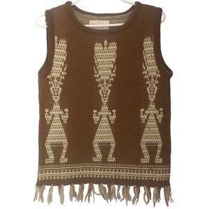 UNIQUE Vintage White Stag 100% Wool Sweater Vest Sleeveless Aztec Fringe D11